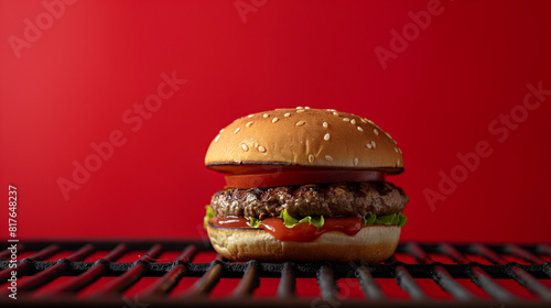 Minimalist scene of a single hamburger on a grill, vibrant red gradient background 
