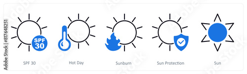 A set of 5 Sun Protection icons as spf 30, hot day, sunburn