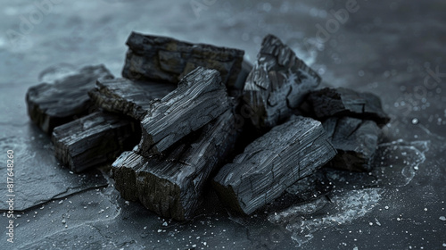 Minimalist set of charcoal briquettes on a dark grey gradient background, close-up  photo