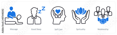 A set of 5 Wellness icons as massage, good sleep, self care