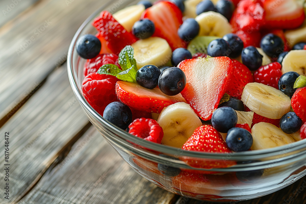 Red, white, and blue fruit salad in a glass bowl, closeup on wooden table Red, white, and blue fruit salad in a glass bowl, closeup on wooden table