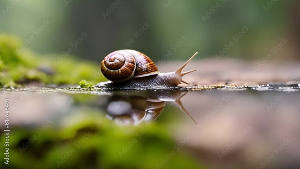 Snails crawl on green leaves close-up. The use of snail mucus in cosmetology. Skin care and beauty concept Snails crawl on green leaves close-up. The use of snail mucus in cosmetology. Skin care and beauty concept