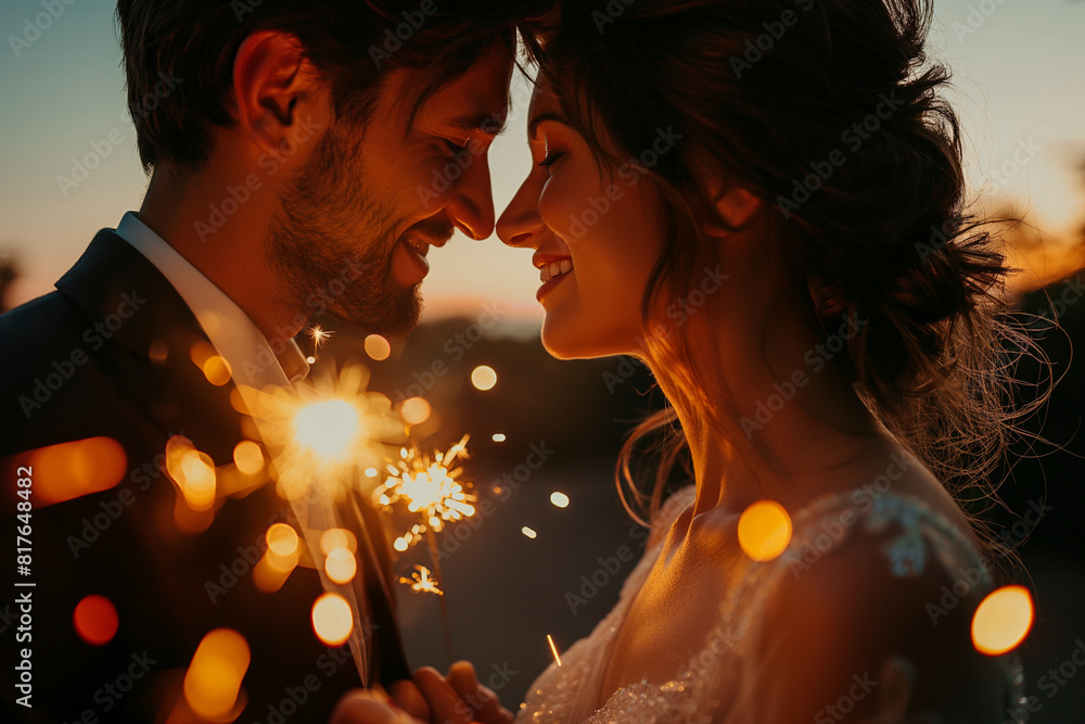 Profile shot of couple with sparklers at dusk, soft focus, warm ambient lighting Profile shot of couple with sparklers at dusk, soft focus, warm ambient lighting