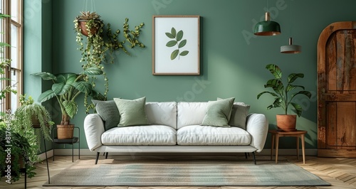 Elegant living room with white sofa and rustic wooden accents