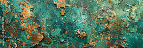 Vibrant and colorful oxidized copper background with green and blue patina, macro view  photo