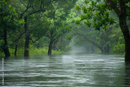 View of swollen river banks during a monsoon, trees partially submerged 