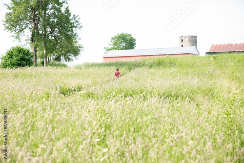 Boy in Red Jacket Explores Dandelion Field on Farm photo