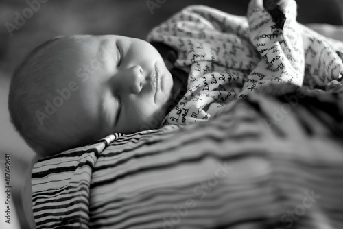 Serene newborn sleeping peacefully on grandma's arm photo