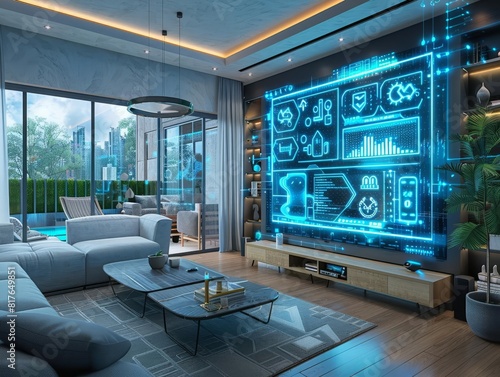 Futuristic home security hologram in a wellfurnished living room, focusing on networked safety and modern lifestyle photo