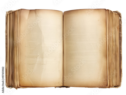 Old blank open book isolated on transparent background. 