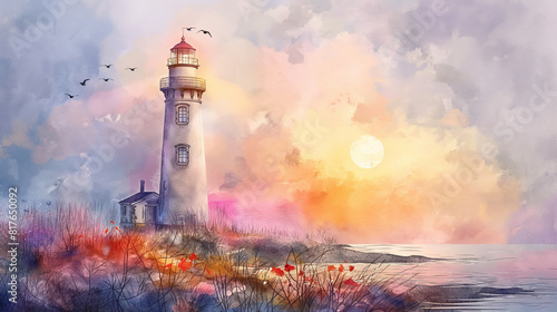 Watercolor of a lighthouse with a beam of flowers instead of light 