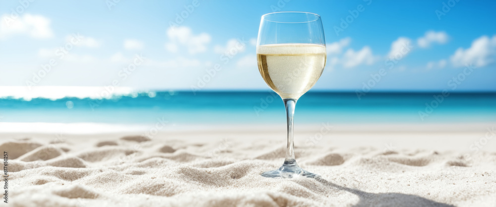 Glass of sparkling wine on a sandy beach on a sunny day with copy space