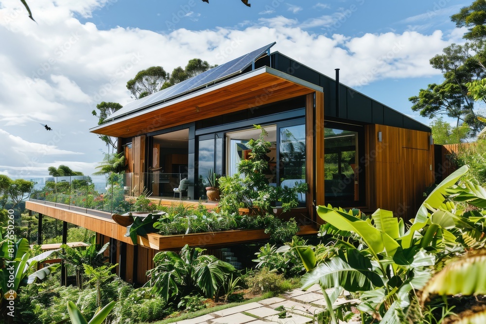 A minimalist, eco-friendly home with solar panels and a vegetable garden, Modern Eco-Friendly Home with Solar Panels and Greenery, Ai generated