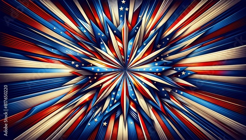 Patriotic burst: american flag eruption. American flag bursting forth in a dynamic display of red, white, and blue on a black background, symbolizing patriotism and national pride.
