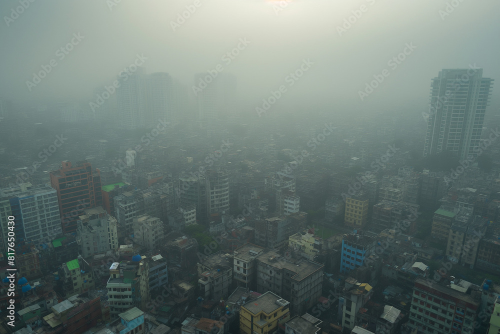 Wide angle view of a crowded city under a dense smog layer 