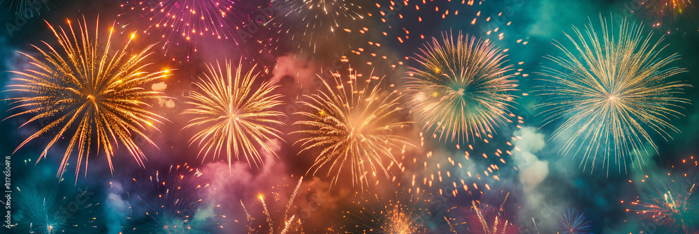 Wide angle view of fireworks in unusual shapes like animals and symbols, vibrant colors Wide angle view of fireworks in unusual shapes like animals and symbols, vibrant colors