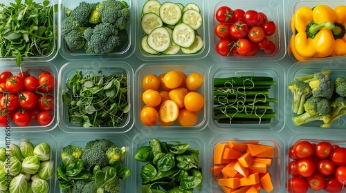 Fresh vegetables neatly arranged in plastic containers for healthy meal preparation