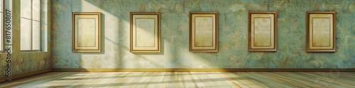  Serene Gallery Space  Five Empty Oak Frames on Light Pastel Green Wall in Evenly Lit Room
