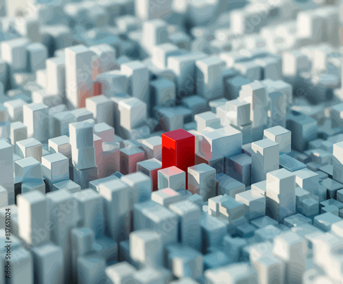 a red object is in the middle of a group of white cubes