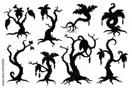 Set of jungle lianas black Silhouette Design with white Background and Vector Illustration on white background © mobarok8888