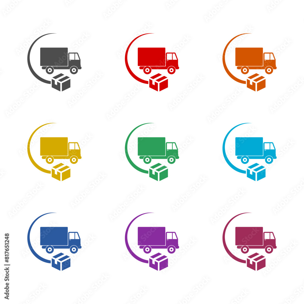 Delivery truck with box icon isolated on white background. Set icons colorful Delivery truck with box icon isolated on white background. Set icons colorful