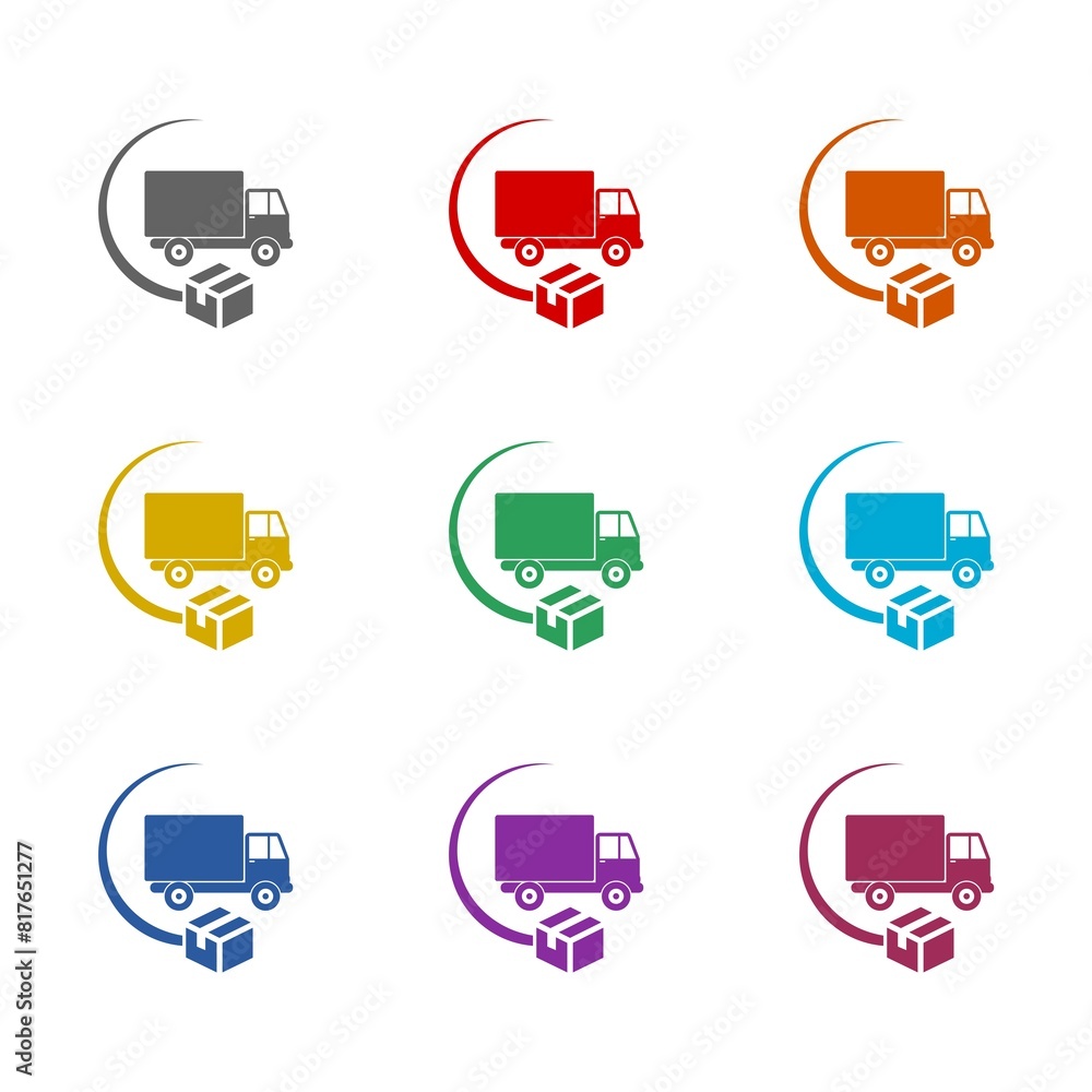  Delivery truck with box icon isolated on white background. Set icons colorful