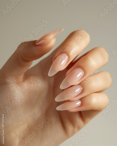 Photo of woman hand with manicure in beautiful fashion neutral colors. Pretty elegant acrylic nude white gel polish stiletto nail manicure wear armor long nails for spa salon web advertising branding