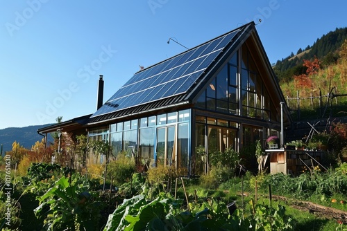 A minimalist, eco-friendly home with solar panels and a vegetable garden, Modern Eco-Friendly Home with Solar Panels and Greenery, Ai generated