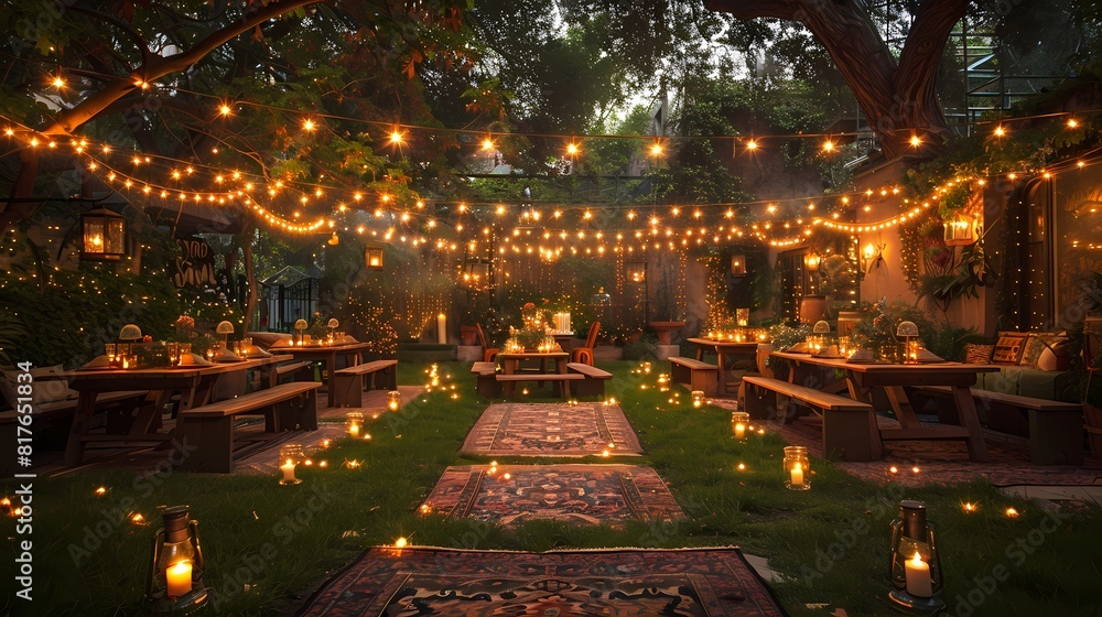 A sprawling outdoor garden transformed into a magical birthday party venue, complete with twinkling lights and whimsical decorations