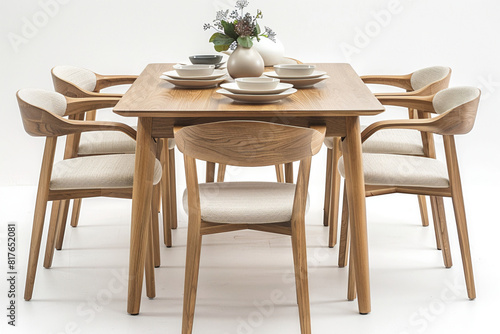 Depict a Scandinavian-inspired dining set with a clean and minimalist design  featuring a light oak table and chairs with tapered legs and curved backs  creating a cozy and inviting atmosphere