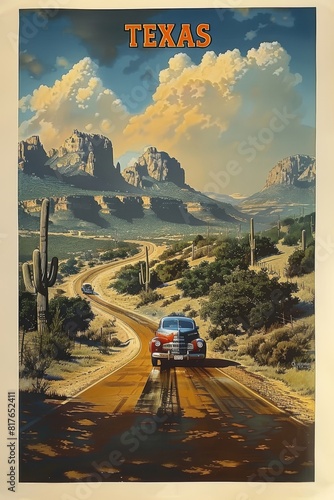 Retrostyle illustrated poster featuring a classic car driving through an old west texas desert with mountains and cactus backdrop
