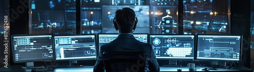 Wallpaper Mural Tech noir scene with a cybersecurity professional working in a dimly lit room, multiple screens displaying secure networks Torontodigital.ca