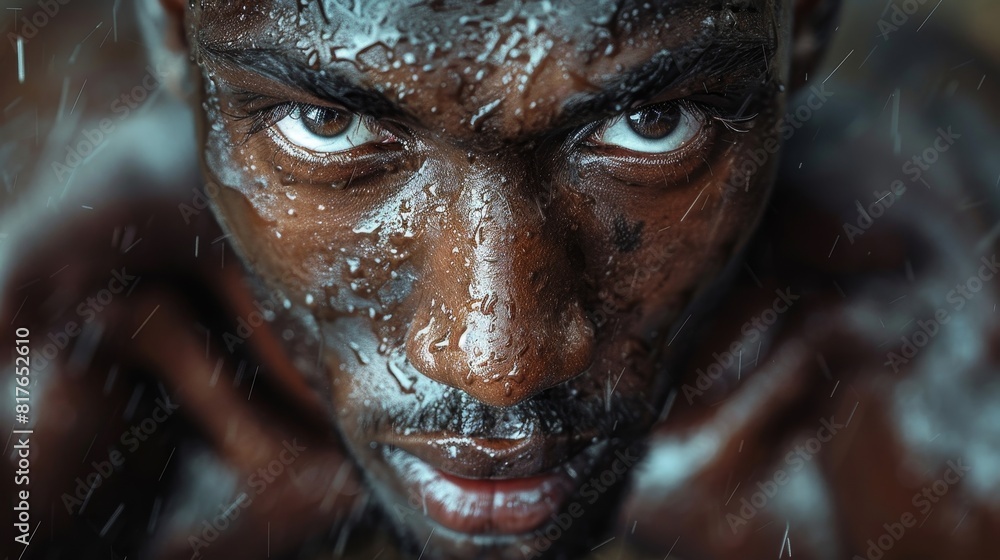Illustrate a detailed close-up of a focused athletes face mid-pushup Illustrate a detailed close-up of a focused athletes face mid-pushup