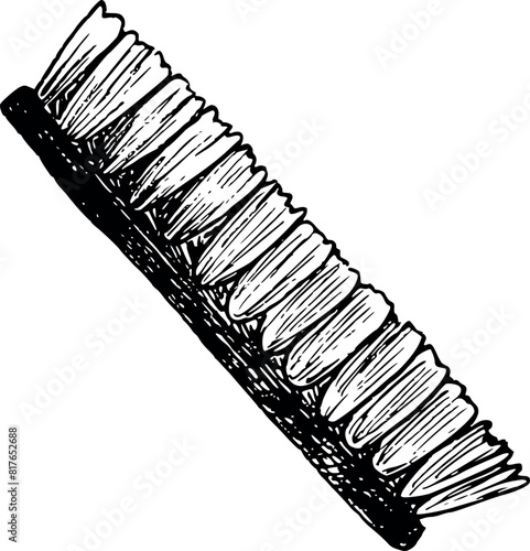 Graphic vector illustration of a wooden brush with bristles for cleaning and grooming a horse for equestrian equipment. Hand painting. Horse equipment