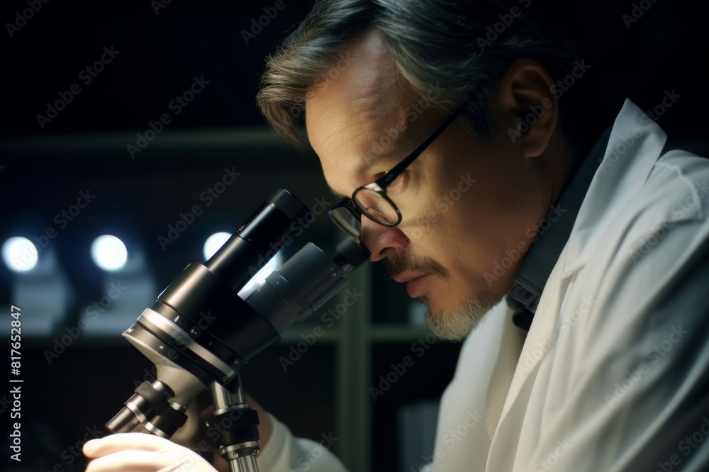 middle aged doctor working with microscope in laboratory middle aged doctor working with microscope in laboratory