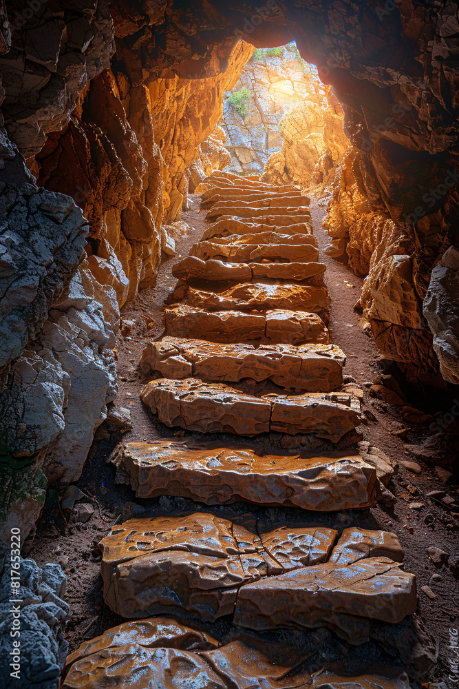 A rocky cavern pathway illuminated by soft sunlight, revealing ...