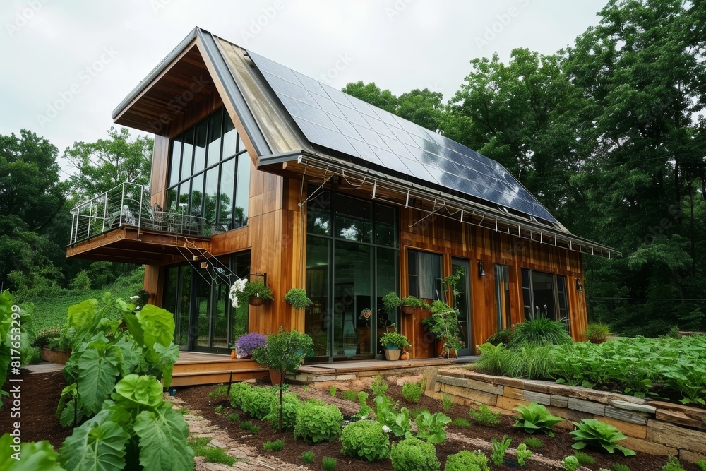 A minimalist, eco-friendly home with solar panels and a vegetable garden, Modern Eco-Friendly Home with Solar Panels and Greenery, Ai generated A minimalist, eco-friendly home with solar panels and a vegetable garden, Modern Eco-Friendly Home with Solar Panels and Greenery, Ai generated