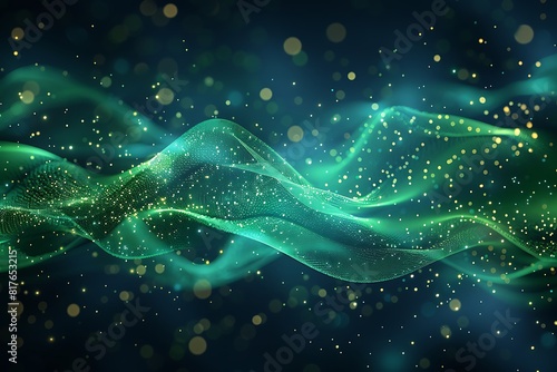 Abstract Green Wavy Lines with Particle Dots and Illumination on Dark Blue Background Abstract
