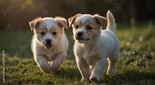 two puppies running in the grass