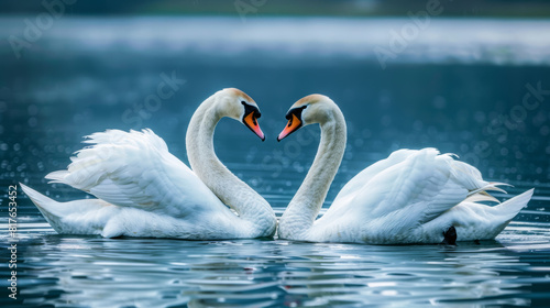 A pair of swans on the lake. Their necks are set in the shape of a heart. Love concept.