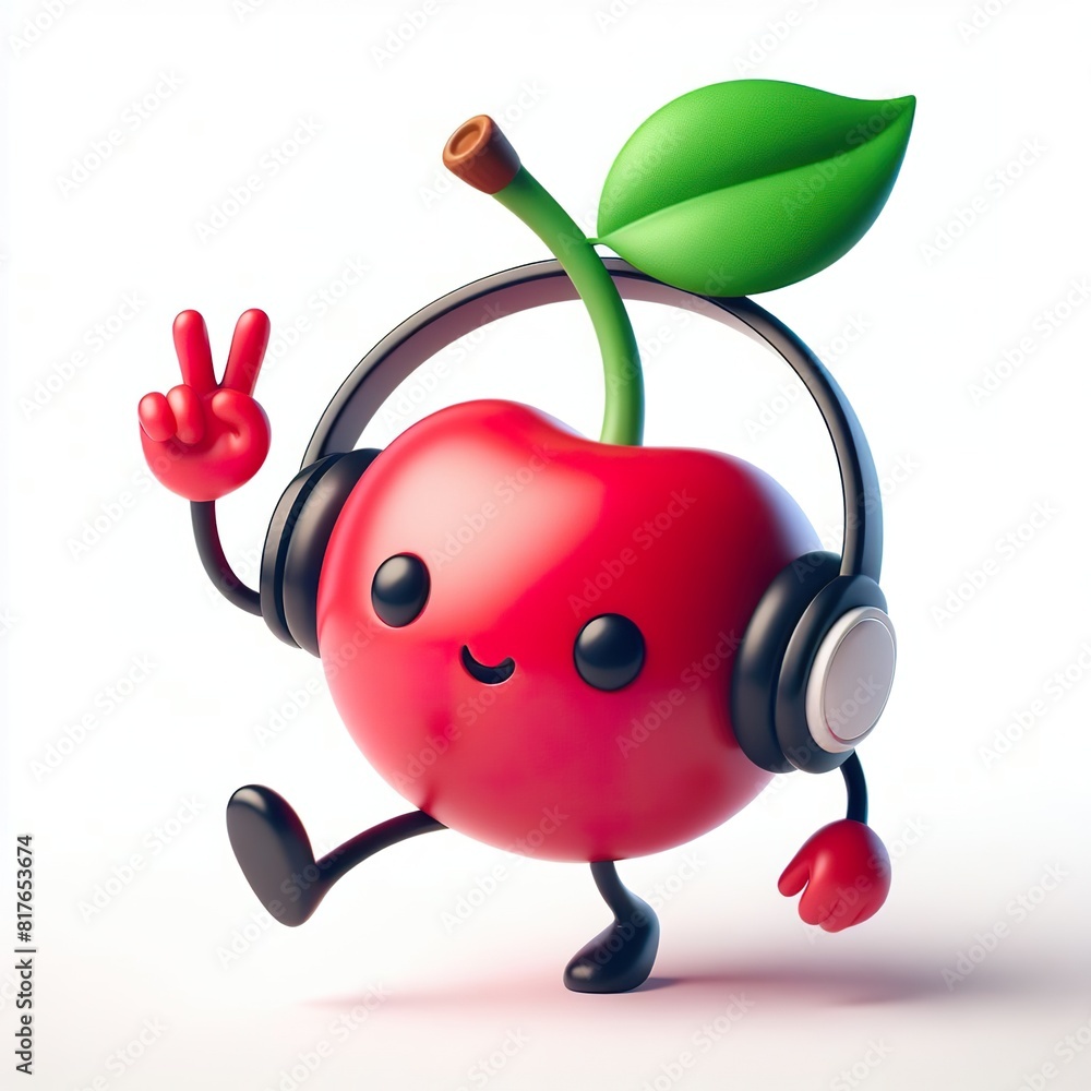 cute 3D funny cartoon cherry with small wireless headphone on head smiling and dancing, white background cute 3D funny cartoon cherry with small wireless headphone on head smiling and dancing, white background
