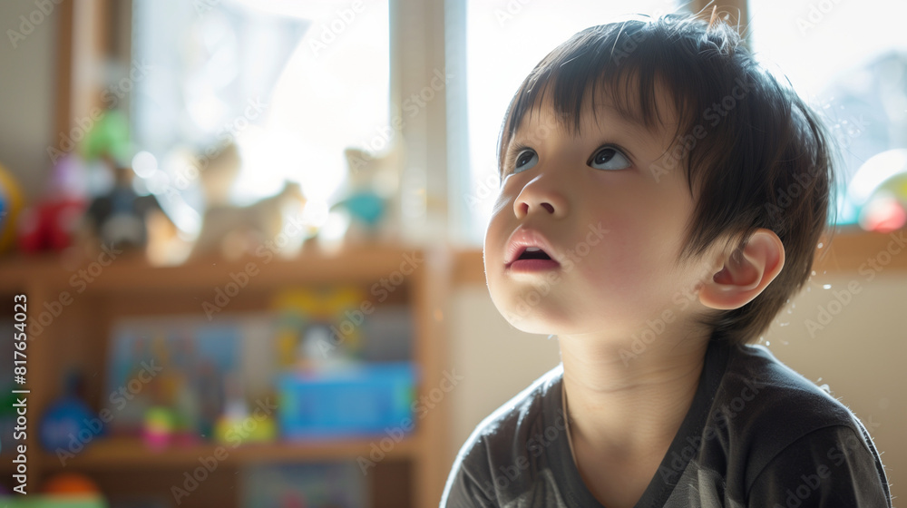 A small Japanese child with autism is alone in the room, the details of his facial expressions of concentration and fixation on something are clearly visible, Ai generated Images A small Japanese child with autism is alone in the room, the details of his facial expressions of concentration and fixation on something are clearly visible, Ai generated Images
