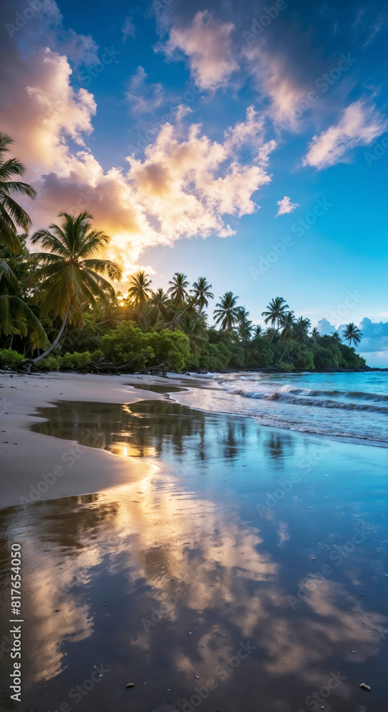 Landscape of tropical beach with beautiful sunset over Pacific Ocean with palm trees, calm waves, enchanting atmosphere, coconuts, colorful sky, photorealistic Landscape of tropical beach with beautiful sunset over Pacific Ocean with palm trees, calm waves, enchanting atmosphere, coconuts, colorful sky, photorealistic