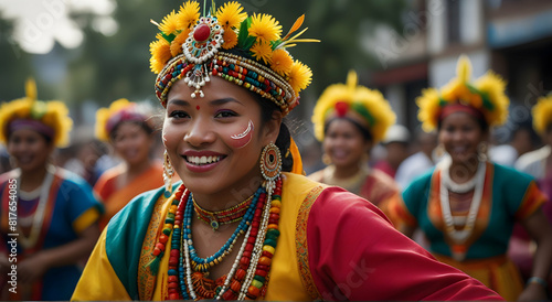 a woman in colorful traditional dress smiles while others are smiling