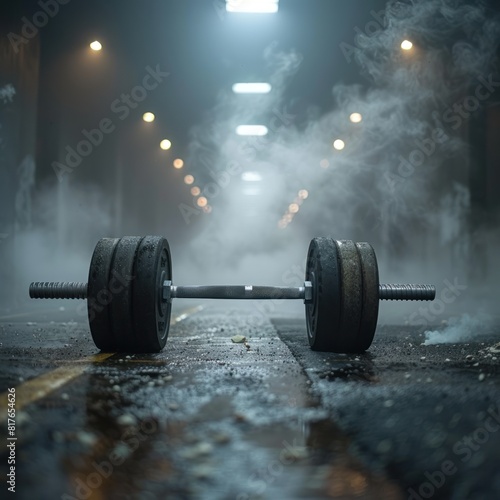 Iron barbells on a dark, smoky cinematic background, facilities in the gym for sports training function to increase bone density, shoulder muscles and also triceps