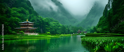 a beautiful landscape with a lake and pagoda photo