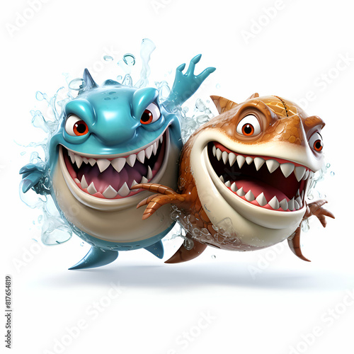 Cartoon character of fish with splashes of water and a monster