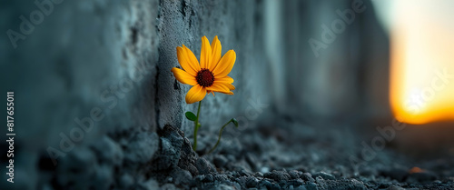 a single yellow flower growing out of the ground photo
