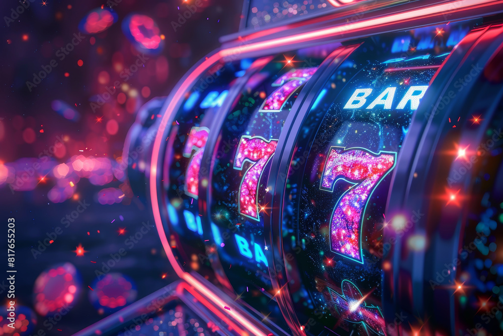 Fototapeta premium Close-up of slot machine displaying BAR and 7 symbols with sparkling lights and colorful bokeh background, evoking excitement and gambling thrill.