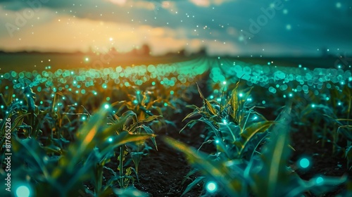 The photo shows a beautiful green field with a lot of fireflies. photo